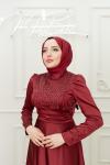 Leona Göğüs Taş Detay Göbek Drape Saten Kloş Tesettür Abiye Bordo Bordo