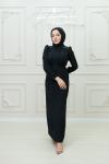 Zerux  Omuz Boncuk Detay Krep  Tesettür Kalem Abiye Siyah Siyah
