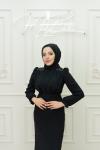 Zerux  Omuz Boncuk Detay Krep  Tesettür Kalem Abiye Siyah Siyah