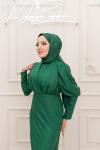 Zenga Balon Kol Kuşaklı Jakar Kalem Abiye Zümrüt Zümrüt