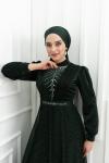 Naomi Kemer V Yaka İçi Taş Detay Tül Kloş Tesettür Abiye Zümrüt Zümrüt