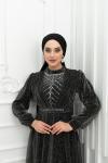 Naomi Kemer V Yaka İçi Taş Detay Tül Kloş Tesettür Abiye Antrasit Antrasit