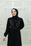 Viktor V Taş Şerit Detay Kemer Taş Şifon Tesettür Kloş Abiye Siyah Siyah