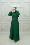 Viktor V Taş Şerit Detay Kemer Taş Şifon Tesettür Kloş Abiye Yeşil Yeşil