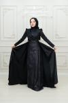 Sellin Saten Pelerin Detay Simli Tül Tesettür Kalem Abiye Siyah Siyah
