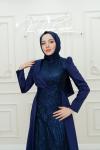 Sellin Saten Pelerin Detay Simli Tül Tesettür Kalem Abiye Lacivert Lacivert