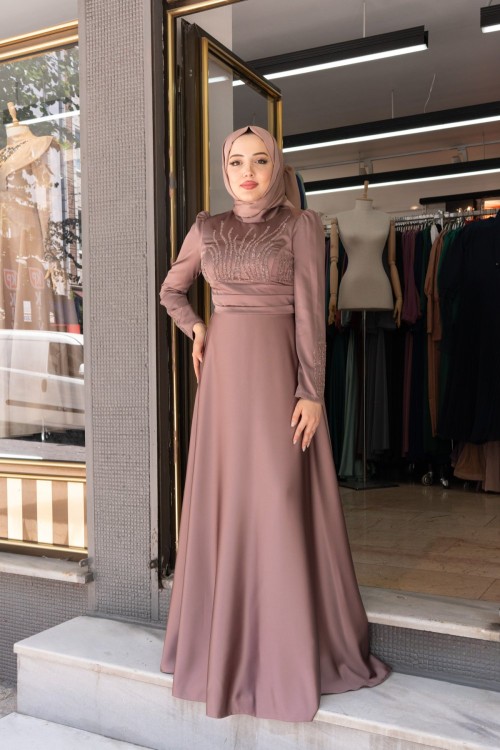Leona Göğüs Taş Detay Göbek Drape Saten Kloş Tesettür Abiye Gül Gül