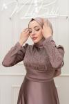 Leona Göğüs Taş Detay Göbek Drape Saten Kloş Tesettür Abiye Gül Gül