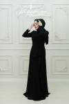Nihan Fırfır Detay Göğüs Drape Kuşak Şifon  Tesettür  Kloş Abiye Siyah Siyah