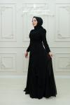 Nihan Fırfır Detay Göğüs Drape Kuşak Şifon  Tesettür  Kloş Abiye Siyah Siyah
