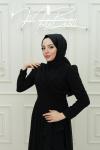 Nihan Fırfır Detay Göğüs Drape Kuşak Şifon  Tesettür  Kloş Abiye Siyah Siyah