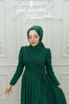 Nihan Fırfır Detay Göğüs Drape Kuşak Şifon  Tesettür  Kloş Abiye Zümrüt Zümrüt