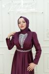 Simay   V Manşet  Göğüs  Ve Kemer Taş Detay   Asetat Saten Kemerli Kloş Abiye Mor Mor