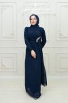 Mayal Bel Yan Taş Detay  Kloş Kalem Tesettür Abiye Koyu Lacivert Koyu Lacivert