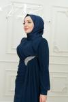 Mayal Bel Yan Taş Detay  Kloş Kalem Tesettür Abiye Koyu Lacivert Koyu Lacivert