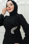 Mayal Bel Yan Taş Detay  Kloş Kalem Tesettür Abiye  Siyah Siyah
