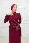 Pençe Belden Taşlı Drape Detay Krep Tesettür Kalem Abiye mor Mor
