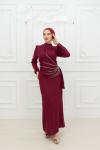Pençe Belden Taşlı Drape Detay Krep Tesettür Kalem Abiye mor Mor