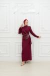 Pençe Belden Taşlı Drape Detay Krep Tesettür Kalem Abiye mor Mor