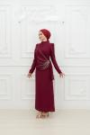 Pençe Belden Taşlı Drape Detay Krep Tesettür Kalem Abiye mor Mor
