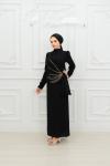Pençe Belden Taşlı Drape Detay Krep Tesettür Kalem Abiye Siyah Siyah