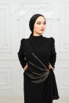 Pençe Belden Taşlı Drape Detay Krep Tesettür Kalem Abiye Siyah Siyah
