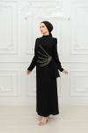 Pençe Belden Taşlı Drape Detay Krep Tesettür Kalem Abiye Siyah Siyah