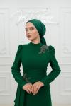 Sarmal Omuz Bel Taş Detay  Fırfır Krep Tesettür Kalem Abiye Zümrüt Zümrüt