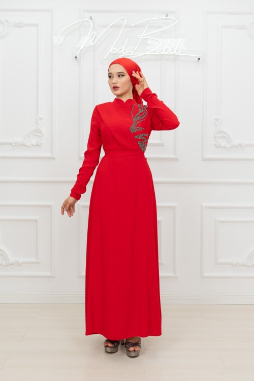 Ketrin  Drape Kuşak  Taş Detay Tesettür Kloş Abiye Kırmızı Kırmızı