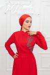Ketrin  Drape Kuşak  Taş Detay Tesettür Kloş Abiye Kırmızı Kırmızı