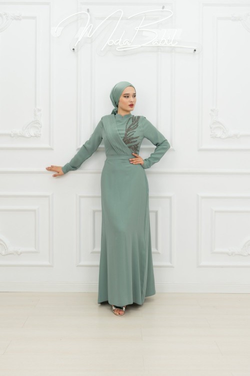 Ketrin  Drape Kuşak  Taş Detay Tesettür Kloş Abiye Mint Mint Yeşili