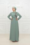 Ketrin  Drape Kuşak  Taş Detay Tesettür Kloş Abiye Mint Mint Yeşili
