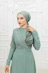 Ketrin  Drape Kuşak  Taş Detay Tesettür Kloş Abiye Mint Mint Yeşili