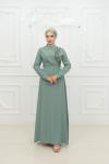 Ketrin  Drape Kuşak  Taş Detay Tesettür Kloş Abiye Mint Mint Yeşili