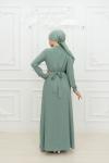 Ketrin  Drape Kuşak  Taş Detay Tesettür Kloş Abiye Mint Mint Yeşili