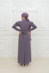 Trio  Üç Sıra Taş Detay Kemer Boyun Taşlı Tesettür Kloş Abiye Lila Lila