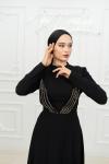 Verona V Taş Şerit Detay Kemer Krep Tesettür Kloş Abiye Siyah Siyah