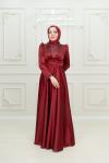 Vilma Sim Detay V Drape Saten Tesettür Kloş Abiye Bordo Bordo
