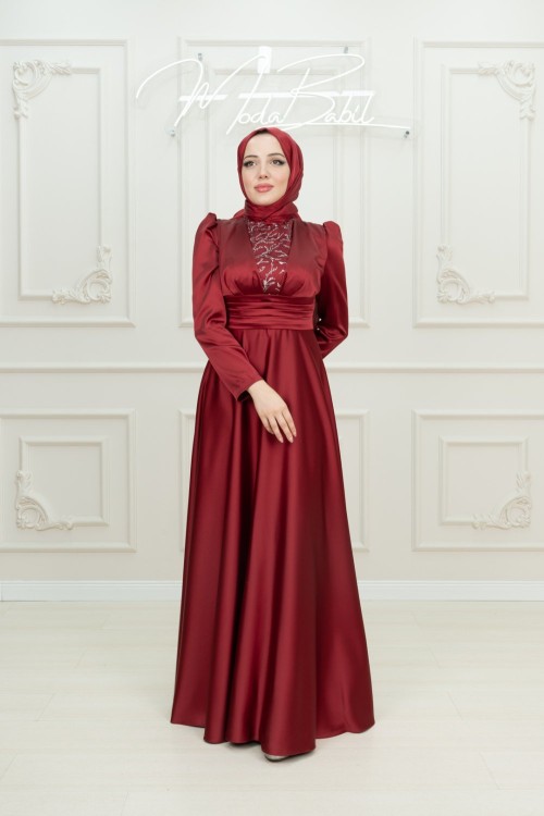 Vilma Sim Detay V Drape Saten Tesettür Kloş Abiye Bordo Bordo