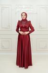Vilma Sim Detay V Drape Saten Tesettür Kloş Abiye Bordo Bordo