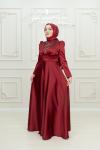 Vilma Sim Detay V Drape Saten Tesettür Kloş Abiye Bordo Bordo