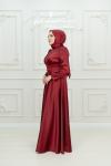 Vilma Sim Detay V Drape Saten Tesettür Kloş Abiye Bordo Bordo