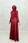 Vilma Sim Detay V Drape Saten Tesettür Kloş Abiye Bordo Bordo