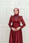 Vilma Sim Detay V Drape Saten Tesettür Kloş Abiye Bordo Bordo