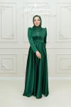 Vilma Sim Detay V Drape Saten Tesettür Kloş Abiye zümrüt Zümrüt
