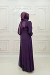 Viktor V Taş Şerit Detay Kemer Taş Şifon Tesettür Kloş Abiye Mor