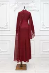 Yakut Omuz Pelerinli Taş Detay Tül Tesettür Abiye Bordo