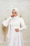 Begonya Balon Kol Asetat Saten Kloş Abiye Beyaz