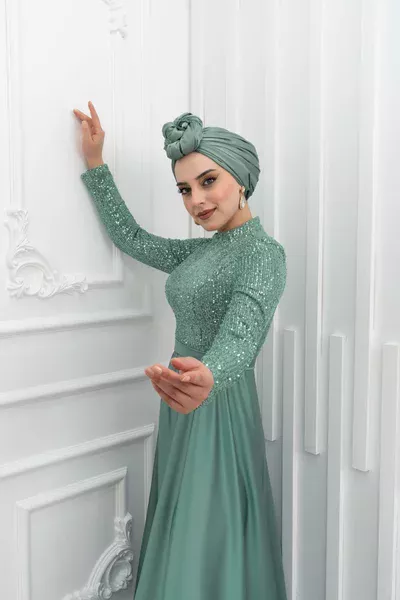 Aliya Pul Payet Saten Etek Grenli Kloş Tesettür  Abiye Mint Yeşili