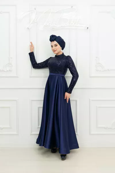 Aliya Pul Payet Saten Etek Grenli Kloş Tesettür  Abiye Lacivert